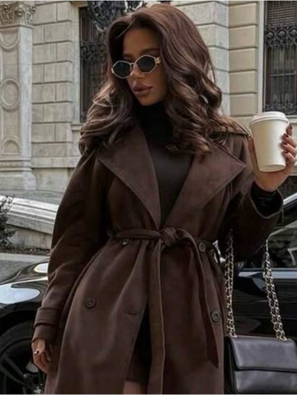 Luxury Brown Rabbit Hair & Wool Shawl Collar Coat - Small